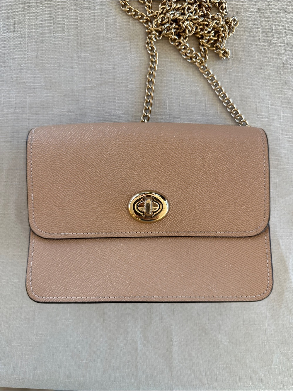 Coach Nude/Tan Leather Turnlock Crossbody with Gold Chain